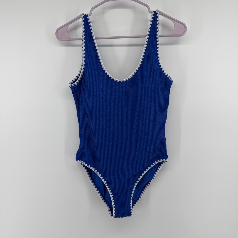 Betsey Johnson One Piece Swimsuit Women Medium Blue Ribbed Scallop Trim BJOP-416